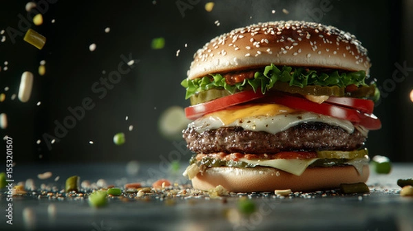 Fototapeta hamburger with lots of ingredients with copy space