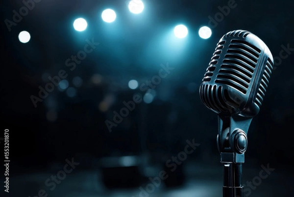 Fototapeta concert microphone on the stage in light and spotlights on the background