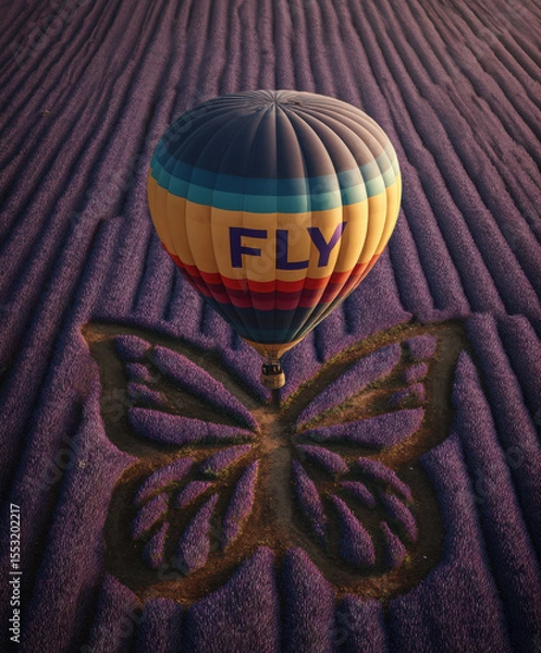 Fototapeta A colorful hot air balloon with the word "FLY" written on it flies over an endless field of lavender, leaving behind its shadow in the shape of a butterfly. This is an aerial, top-down view,