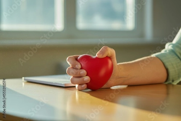 Fototapeta Anger management technique concept. A hand holding a red heart-shaped stress ball on a table near a tablet.