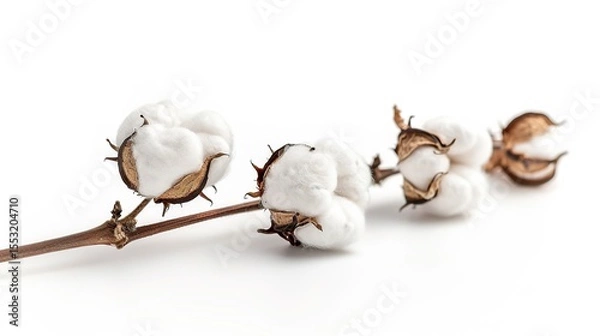 Fototapeta Fluffy cotton bolls stand isolated on a clean white background, presenting a pure and natural sight. This image is highly suitable for textile - related projects, like cotton product promotions, 