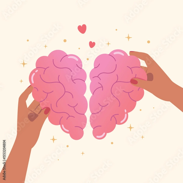 Obraz Heart in hands, empathy or social skill and self control. Connect heart feeling with brain.