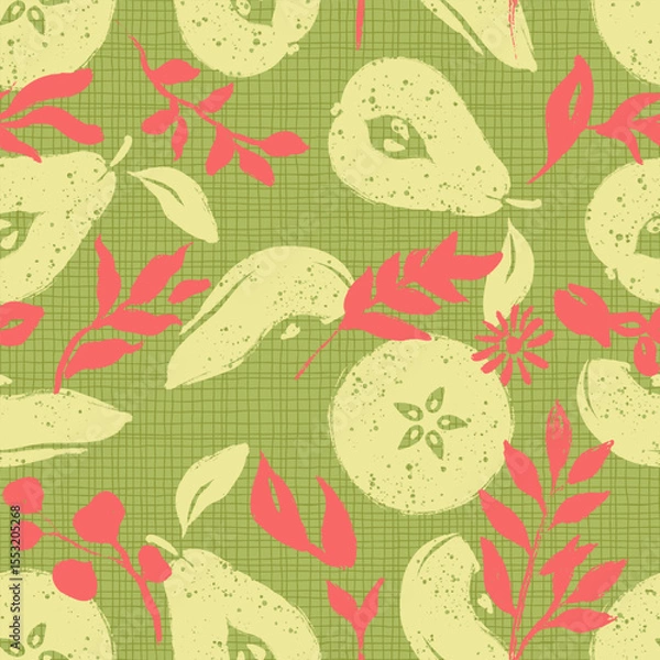 Fototapeta Pears Fruit Slices with Botanicals Vector Seamless Pattern