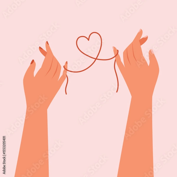 Obraz Hands of couple in love. Red thread of fate tied little fingers concept. Valentine's Day illustrations.
