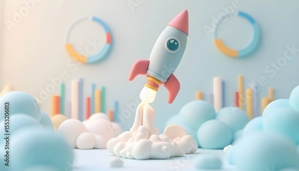 Fototapeta Rocket Launch with Business Data Charts