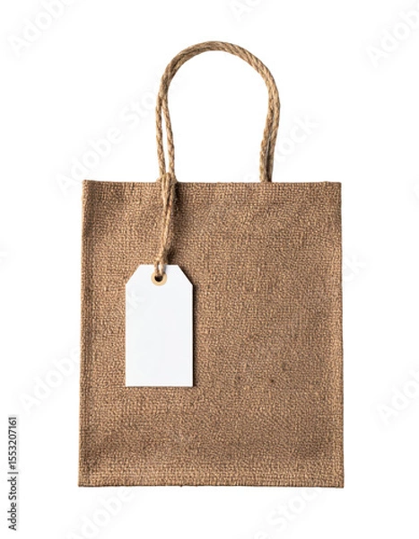 Fototapeta Brown burlap bag with a blank white tag for branding and marketing on transparent background
