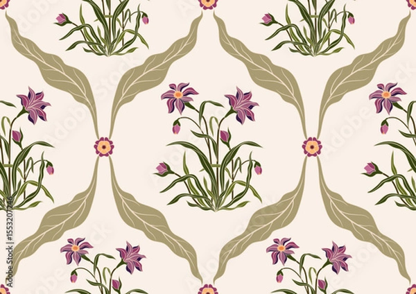 Fototapeta Vector Hand drawn colourful geometric flowers, seamless patterns with floral for fabric, textiles, clothing, wrapping paper, backdrop, banner, illustration, abstract backgrounds.
