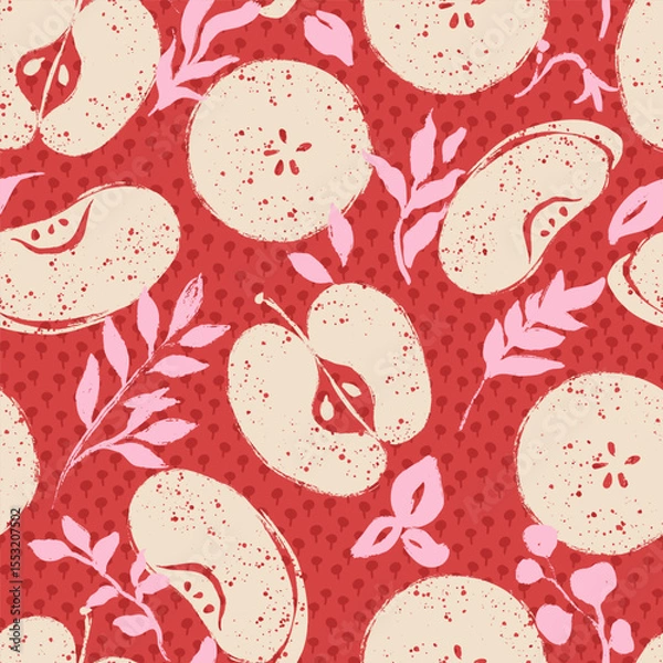 Fototapeta Apple Fruits Slices with Botanical Vector Seamless Pattern