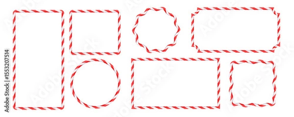 Fototapeta Set of Christmas candy cane figure frames with red and white stripes. Drawing of striped Christmas candy canes . New Year template with space for text .Vector illustration isolated on white background
