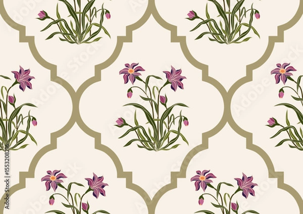 Fototapeta Vector Hand drawn colourful geometric flowers, seamless patterns with floral for fabric, textiles, clothing, wrapping paper, backdrop, banner, illustration, abstract backgrounds.
