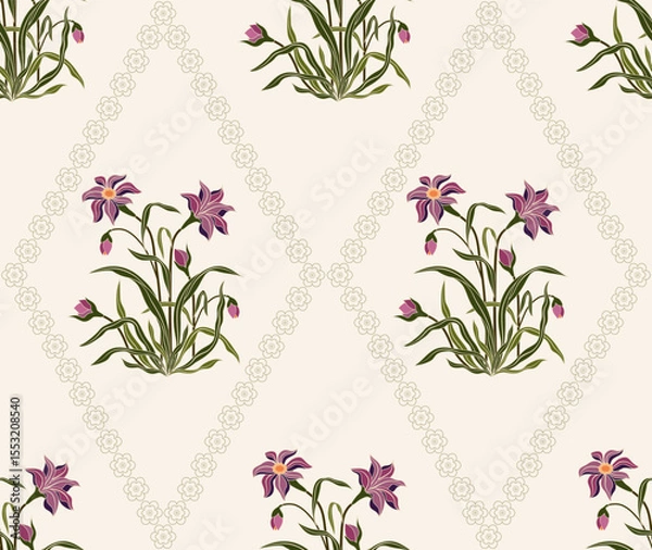 Fototapeta Vector Hand drawn colourful geometric flowers, seamless patterns with floral for fabric, textiles, clothing, wrapping paper, backdrop, banner, illustration, abstract backgrounds.
