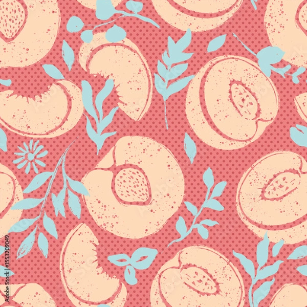 Fototapeta Peaches Fruit Slices with Botanicals Vector Seamless Pattern
