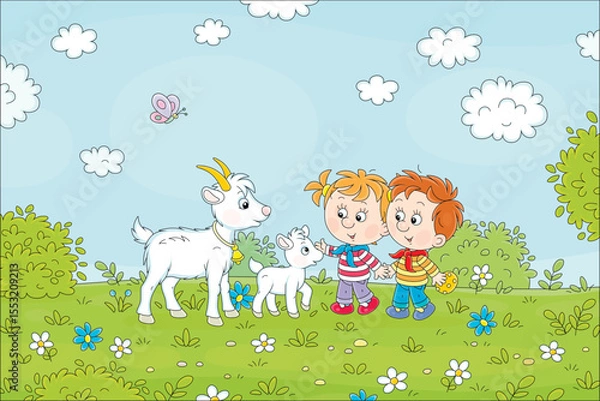 Obraz Little boy and girl treating a cute small goatling to a tasty cookie in a flower green field on fun summer vacations, vector cartoon illustration
