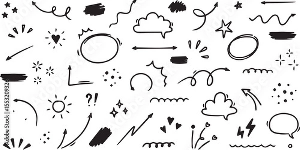 Fototapeta Line sketch star, arrow, heart decoration element icon set. Hand drawn sketch doodle cute star, emphasis, flower element text decoration shape vector illustration