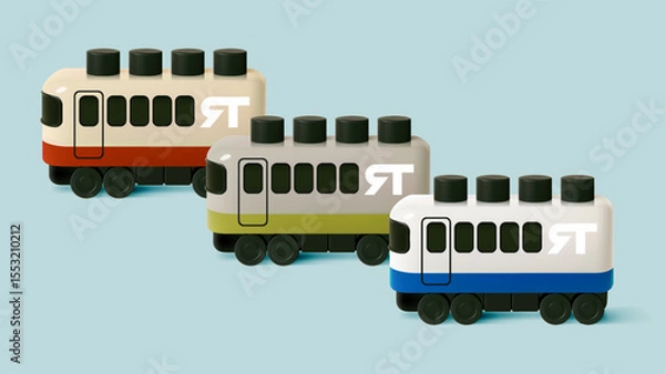 Fototapeta Three Colorful Toy Trains on Blue Background in Minimalist 3D Design