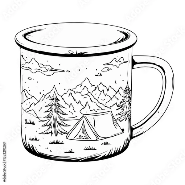 Fototapeta Camping mug with mountain and tent design sketch