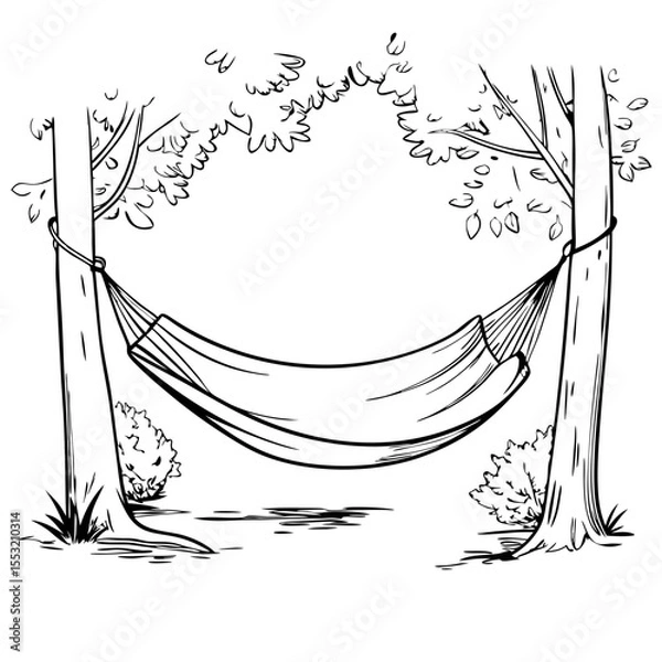 Fototapeta Hammock between two trees in forest in black and white