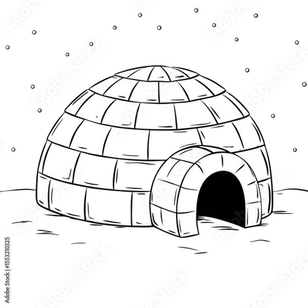 Fototapeta Igloo in snowy landscape in black and white drawing