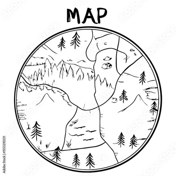 Fototapeta Circular forest map with rivers and trails sketch