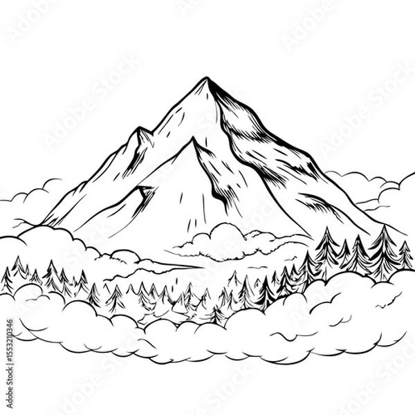 Fototapeta Mountain peak above forest and clouds sketch style