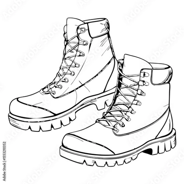 Fototapeta Hiking boots in black and white sketch illustration