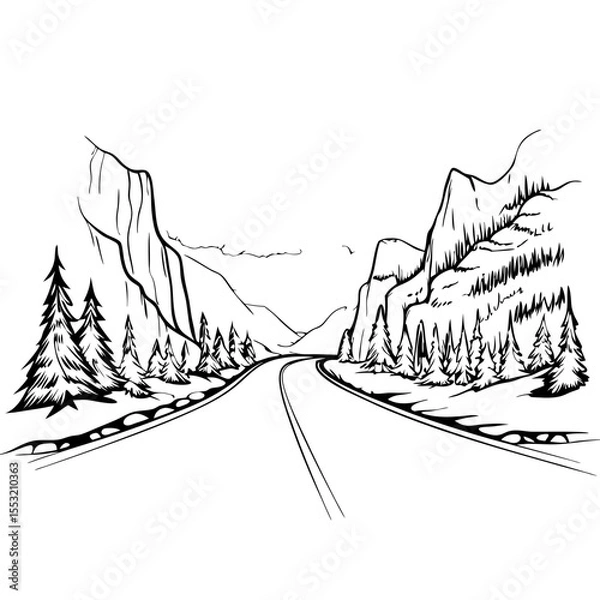 Fototapeta Mountain road through forest in black and white sketch