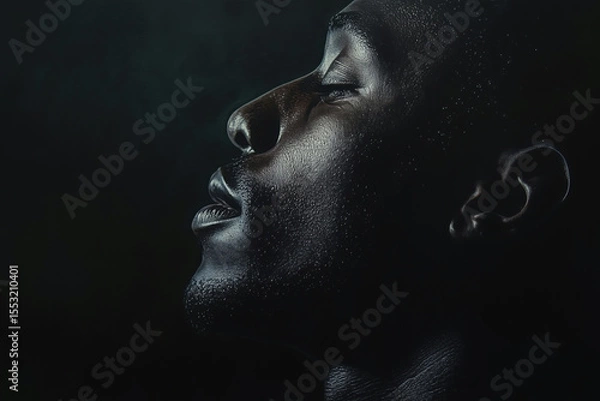 Obraz Beautiful side profile of African American man with closed eyes, highlighting facial features. Emphasizing soft light and shadows, creating dramatic effect