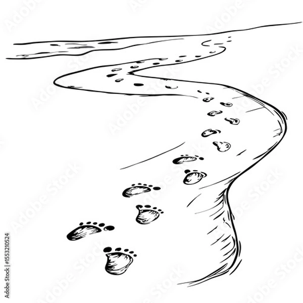 Fototapeta Footprints on sandy beach path in black and white