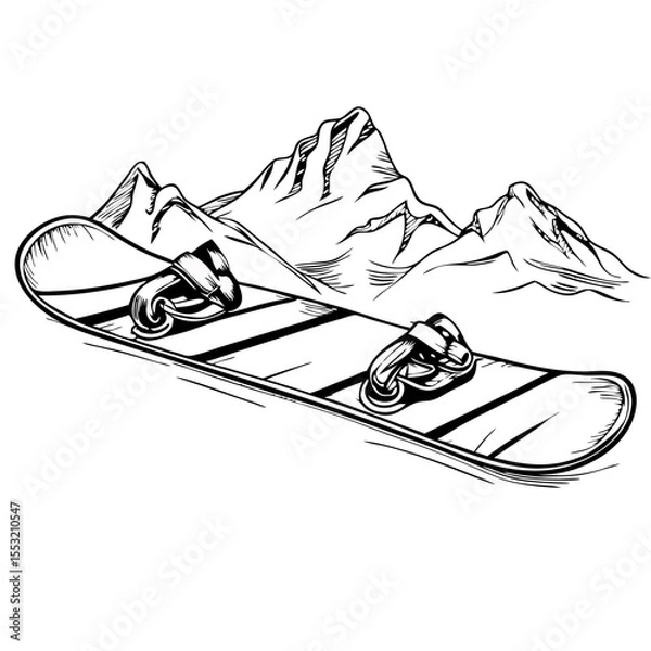 Fototapeta Snowboard with mountain background in monochrome sketch