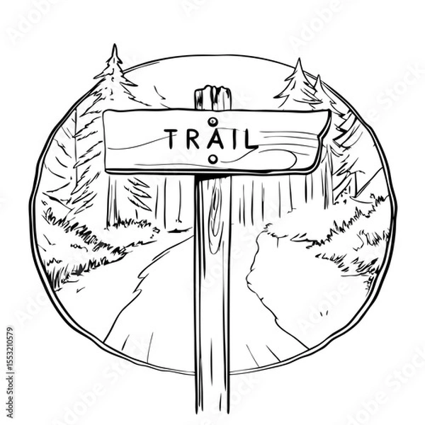 Fototapeta Trail sign on forest path in black and white sketch
