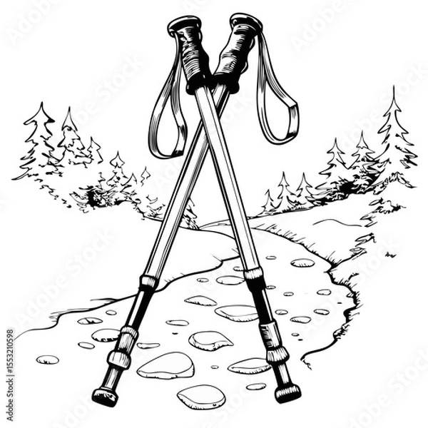 Fototapeta Hiking poles crossed on mountain trail sketch in monochrome