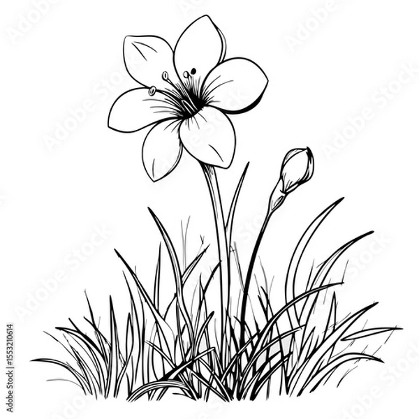 Fototapeta Single flower blooming in grass sketch in monochrome