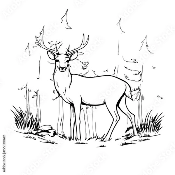 Fototapeta Standing deer in forest scene drawn in black and white