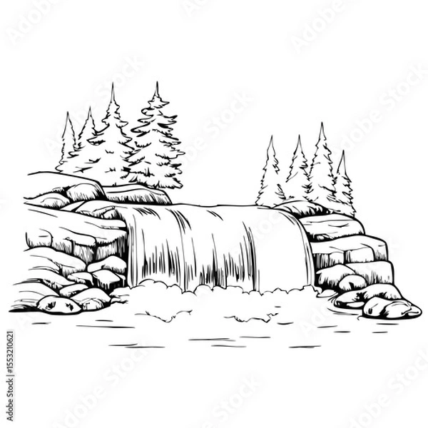 Fototapeta Waterfall flowing between rocks in forest black and white sketch