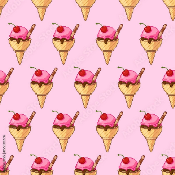 Fototapeta Seamless vector pattern of pixel art ice cream cones with cherry topping and wafer stick. Repeating retro dessert design on a pink background. Ideal for packaging, fabric, and summer-themed projects.