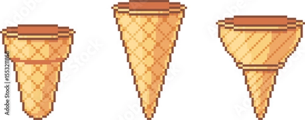 Fototapeta Pixel art illustration of three empty waffle cones for ice cream. Classic cone types in retro pixel style. Vector illustration set.