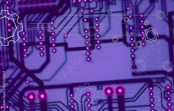 Obraz Pattern Of Blue PCB With Mechanical Draw Design of Cogwheels in Print Circuit Style. Cyberspace and Artificial Intelligence Illustrative Stock Image  