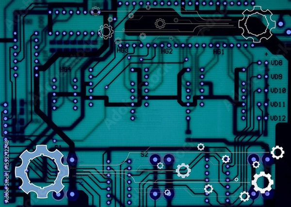 Obraz ariety Gears Silhouettes and Outlines over Blue Translucent Electronic Board. Computer Technology and Electronics Manufacture Illustration Image