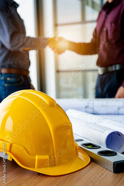 Fototapeta Two construction professionals shaking hands over blueprints and safety helmet