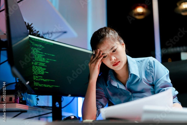 Fototapeta Stressed programmers, working overtime, developers feeling frustrated while fixing complex code errors are the challenges faced in software development.