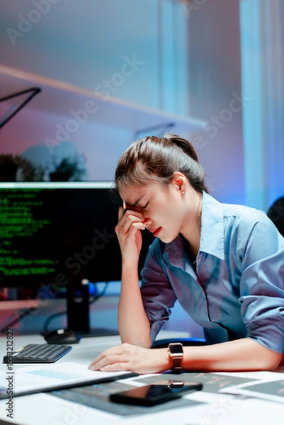 Fototapeta Stressed programmers, working overtime, developers feeling frustrated while fixing complex code errors are the challenges faced in software development.
