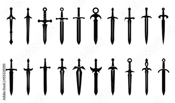 Obraz Vector set of ancient and medieval swords. Includes silhouette illustrations of dagger, katana, broadsword, knight sword, and other vintage weapons. Isolated on white or transparent background