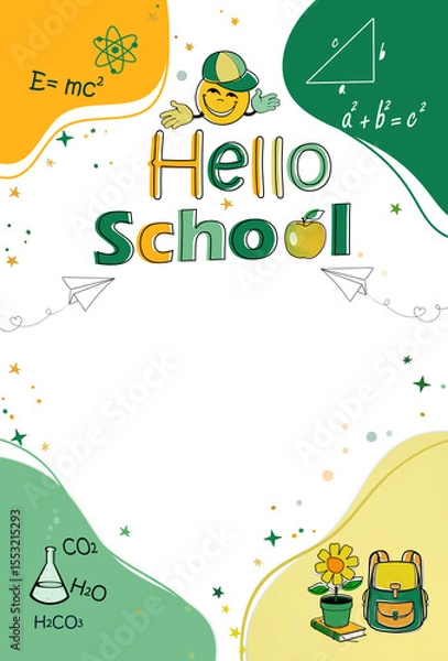 Fototapeta ' Hello school ' framework presentation background template with green and yellow school education accessories, formuls emoji in cap . Back to school  education presentation concept .Free copy space.