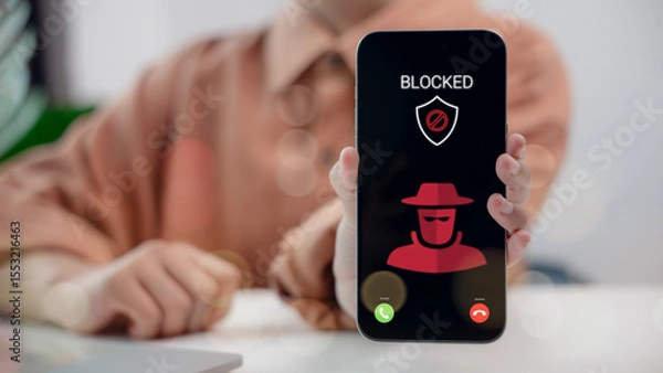 Obraz Phone screen showing scam call blocked with hacker icon and security shield. Concept of mobile protection, cybercrime prevention, caller ID alert system, and digital safety awareness.