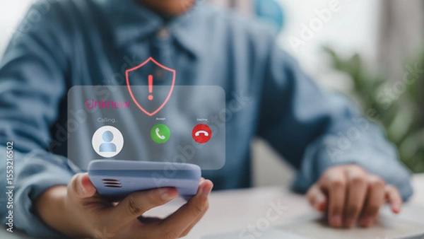 Obraz Mobile phone receiving scam call from unknown number with security alert symbol. Illustrates phone fraud, cyber threat, identity theft risk, and awareness of suspicious communication.