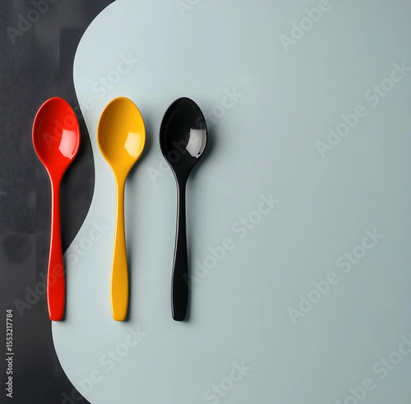 Fototapeta Minimalist composition of colorful spoons on dual tone background. A clean and modern image featuring three plastic spoons in red, yellow and black arranged in a row.
