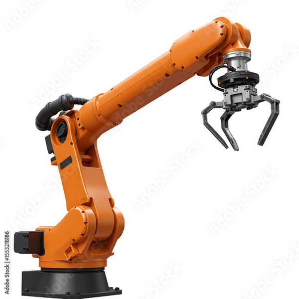 Obraz 3D Render of Industrial Robotic Arm – Automated Manufacturing Technology Closeup, Isolated on White or Transparent Background