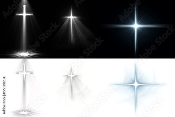 Fototapeta Glowing cross and radiant star light rays with realistic beams and color trails, spiritual and abstract illumination effects on black background