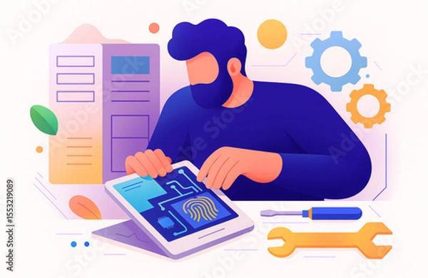 Obraz Illustrated technical support worker repairing a digital tablet with tools for software installation and mobile device security analysis in a modern design.