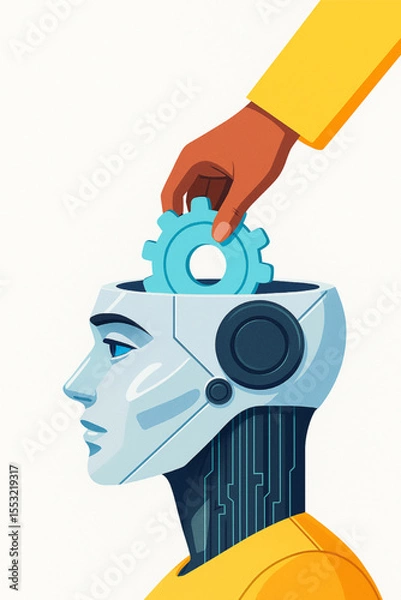 Obraz Robotics and AI development are symbolized by a hand adding a gear to a robot's head, representing intelligence and technological innovation.